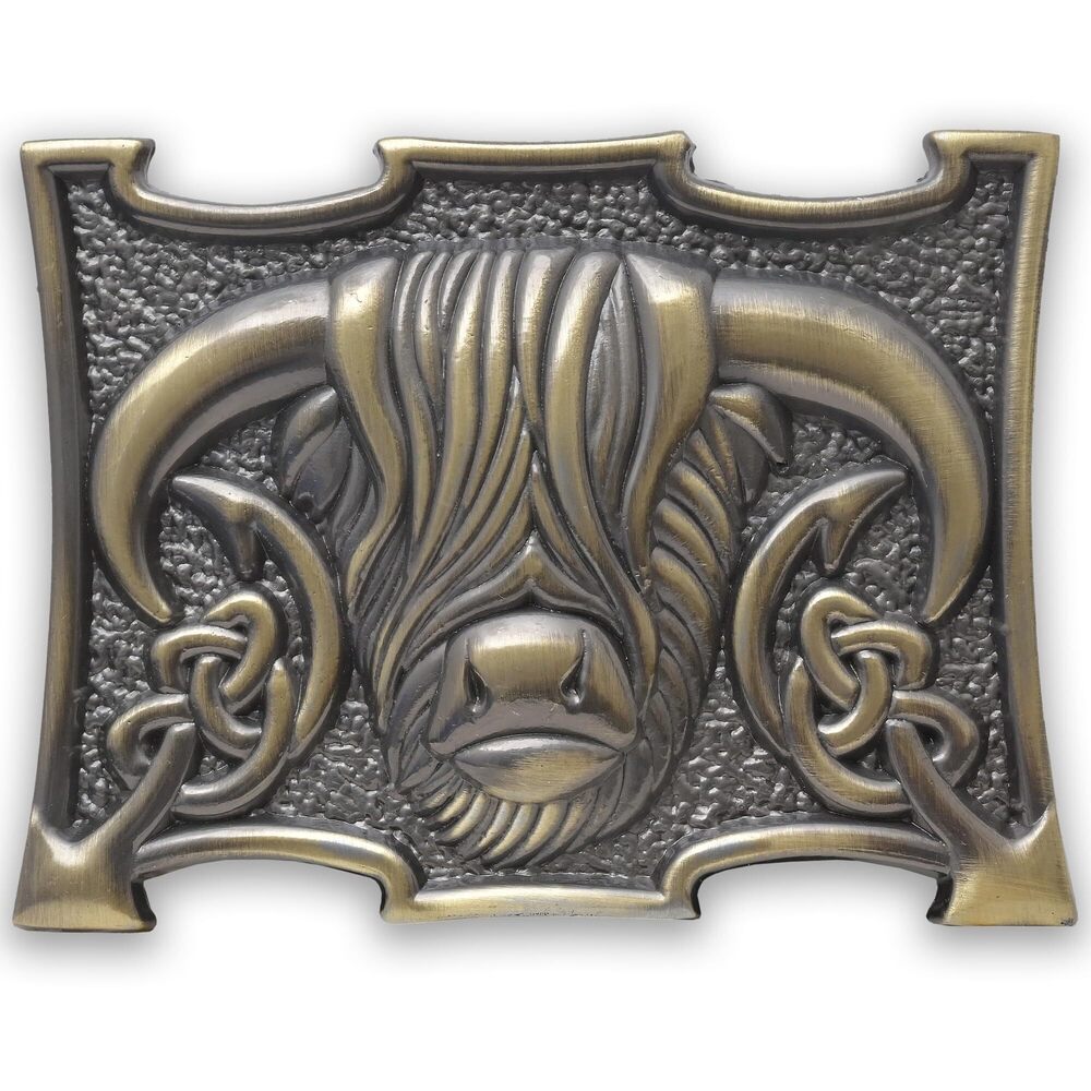 8091 Scottish Heilan Coo Kilt Belt Buckle – Highland Cow Pewter Buckle